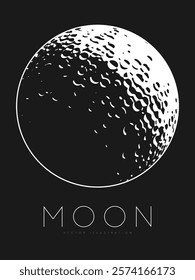 Black and white cartoon crescent moon with crater texture in a minimalist style. Silhouette of the moon. Simple modern creative moon logo design for t-shirt print, banner, poster. Vector illustration