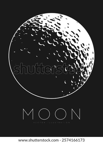 Black and white cartoon crescent moon with crater texture in a minimalist style. Silhouette of the moon. Simple modern creative moon logo design for t-shirt print, banner, poster. Vector illustration