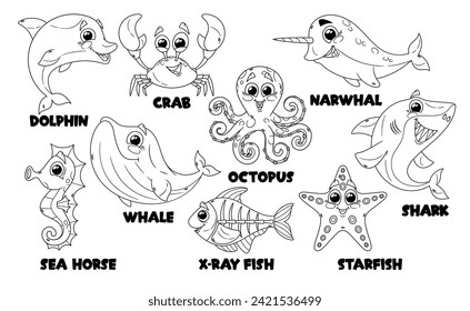 Black And White Cartoon Cute Marine Animal Characters. Dolphin, Crab, Octopus And Narwhal. Seahorse, Whale, Fish