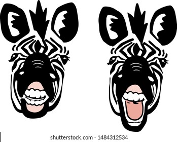 black and white cartoon cute zebra shout, yawn, laugh