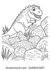 Um dinossauro desenhos animados preto e branco ruge entre rochas e grama. Perfeito para colorir livros, materiais educacionais e projetos divertidos para crianças.