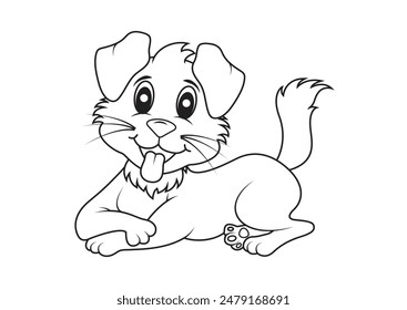 Diseño plano de Vector de perro de dibujos animados en blanco y negro ideal para colorear páginas, aislado sobre fondo blanco