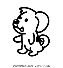 Black and white cartoon doodle of a dog in playful pose. Simple line art creates adorable character perfect for childrens designs or fun projects.