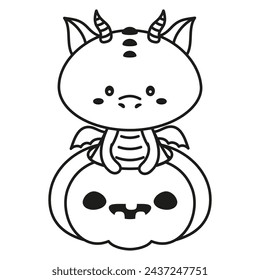 black and white cartoon dragon and pumpkin, outline  halloween card