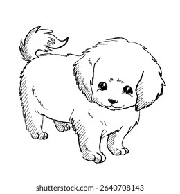 Black and white cartoon drawing of a cute puppy dog. Ideal for pet care, children’s content and minimalist design themes