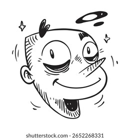 Black and white cartoon drawing featuring a humorous and cheerful face with exaggerated features, evoking a sense of joyful humor and playfulness.