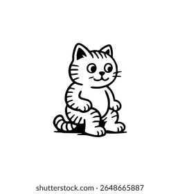 Desenho de desenho animado em preto e branco de um gato sentado.  Linhas simples e estilizadas retratam um felino pequeno e amigável com olhos grandes e uma expressão sorridente.  O gato tem pelo listrado e está em uma pose sentada