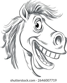 Um desenho em quadrinhos preto e branco de um cavalo sorridente com olhos expressivos e uma juba desalinhada.  Ilustração em preto e branco da cabeça de um cavalo em estilo cartoon com características exageradas e expressão