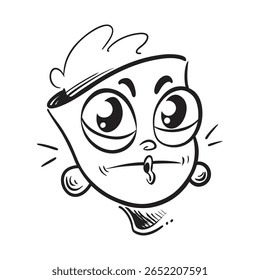 Black and white cartoon drawing of a surprised face with wide eyes and puckered lips.