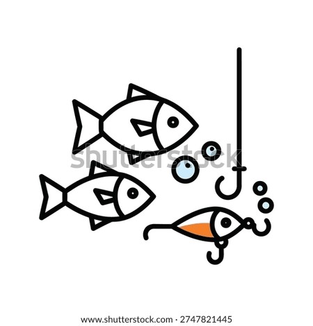 a black and white cartoon drawing of two fish and a fishing hook with one fish caught on the hook
