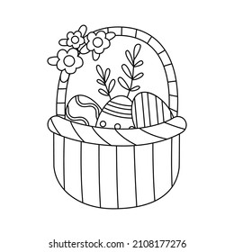 Black and white cartoon Easter basket isolated on white background.