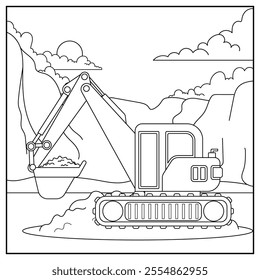 Black and white cartoon excavator Vector Illustration. (Vector illustration)