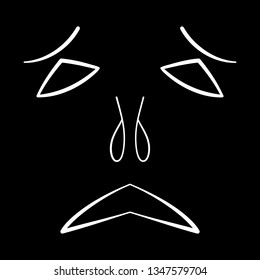 Black and white cartoon face. Abstract face symbol, icon black background. Contour face drawing, sketch, graphic.