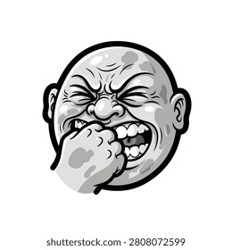 Black and white cartoon face with clenched eyes and teeth, biting its own fist in a strong display of frustration or stress, isolated on white background