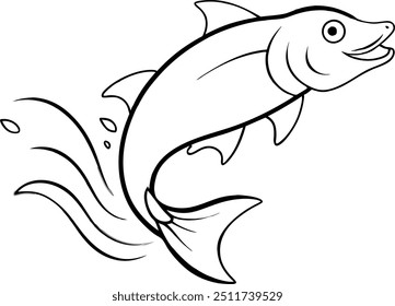 Black and White Cartoon Fish Illustration Leaping from Water