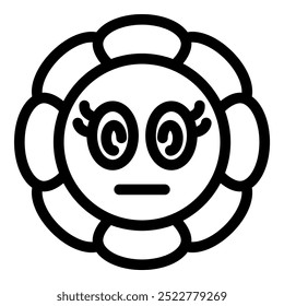 Black and white cartoon flower character with big eyes looking sad and grumpy