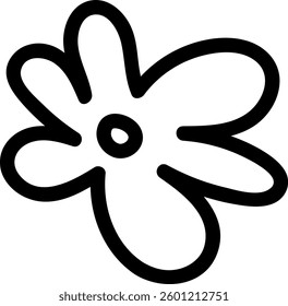 Black and white cartoon flower with five rounded petals and a circular center. Minimalist, playful, decorative