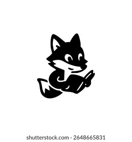 A black and white cartoon fox reading a book