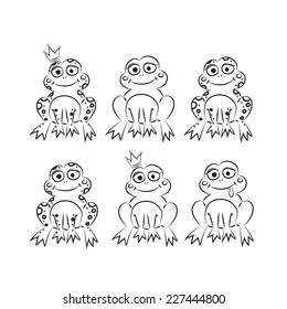 Black and white cartoon frogs. Vector sketch coloring.