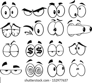 Black and White Cartoon Funny Eyes. Set Vector Collection 