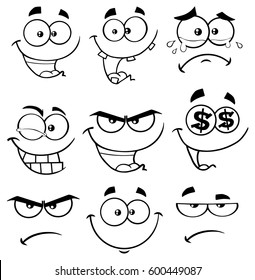 Black And White Cartoon Funny Face With Expression Set 1. Vector Collection Isolated On White Background