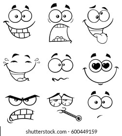 Black And White Cartoon Funny Face With Expression Set 2  Vector Collection Isolated On White Background