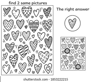 Black and white cartoon funny hearts with geometric pattern. Find two same pictures. Educational activity game for kids. Find the 2 identical doodle hearts. Answer included. Vector Coloring Book.