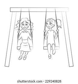 Black and white cartoon girls on the swing  .vector sketch coloring.