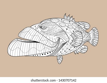 Black and white cartoon grouper for coloring with separate texture and separate background