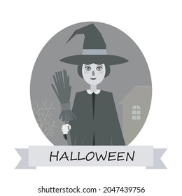 Black and white cartoon halloween witch icon with broom vector illustration