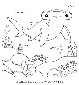 black and white cartoon hammehead shark character (vector illustration), coloring book for children.