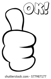 Black And White Cartoon Hand Giving Thumbs Up Gesture. Vector Illustration Isolated On White Background With Text OK