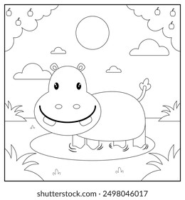 black and white cartoon hipopotamus character (vector illustration), coloring book for children.