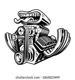 A black and white cartoon hot rod engine illustration isolated on a dark background