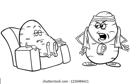 Black and White Cartoon Humor Concept Illustration of Couch Potato Saying