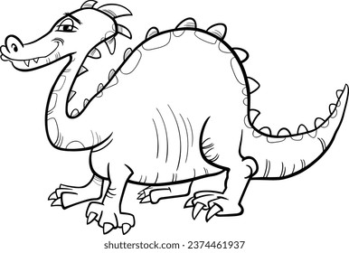 Black and white cartoon humorous fantasy illustration of dragon comic character coloring page