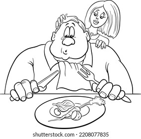 Black and white cartoon humorous illustration of sad man on a diet with his wife coloring page