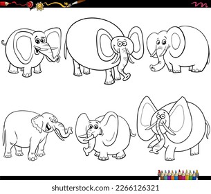 Black and white cartoon humorous illustration of funny elephants characters set coloring page