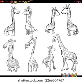 Black and white cartoon humorous illustration of funny giraffes characters set coloring page