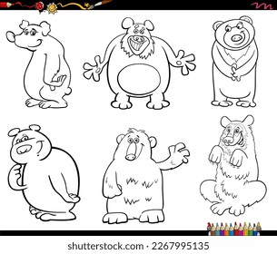 Black and white cartoon humorous illustration of funny bears animal characters set coloring page