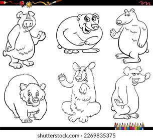 Black and white cartoon humorous illustration of bears animal characters set coloring page