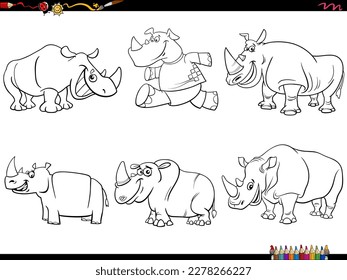 Black and white cartoon humorous illustration of rhinos animal characters set coloring page