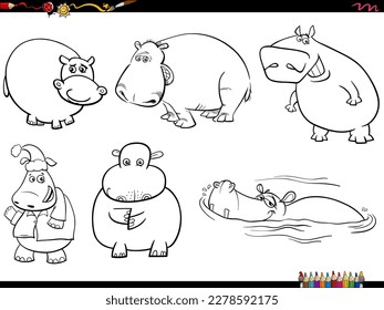 Black and white cartoon humorous illustration of hippos animal characters set coloring page