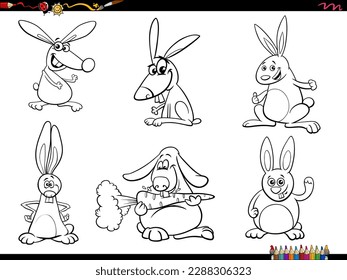 Caricatura en blanco y negro ilustración humorística de conejos animales personajes de la página de colorear