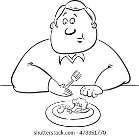Black and White Cartoon Humorous Illustration of Unhappy Man on Diet Eating his Lunch