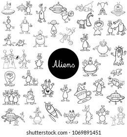 Black and White Cartoon Illustration of Aliens Fantasy Characters Huge Set