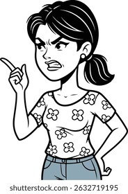 A black and white cartoon illustration of an angry woman pointing her finger