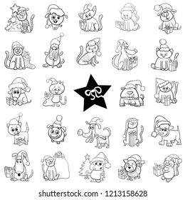 Black and White Cartoon Illustration of Animal Characters at Christmas Time Set