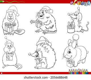 Black and white cartoon illustration of animal characters on Christmas time set coloring book page