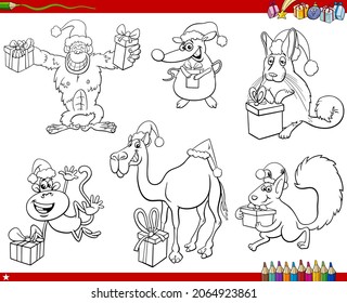 Black and white cartoon illustration of animal characters on Christmas time set coloring book page